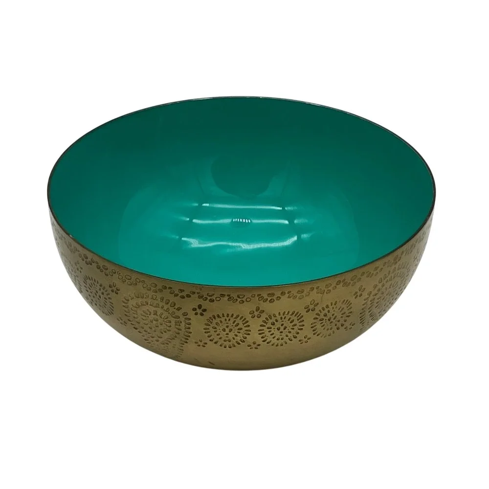 Vintage Decorative Brass Bowl 5in Teal Enamel Interior Textured Floral Gold